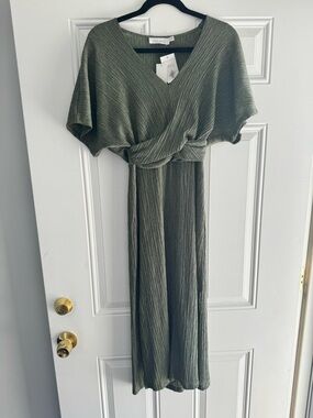 Nordstrom Olive Green Pleated Wrap-Front Maxi Dress